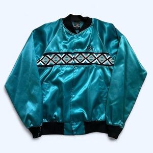 Vintage 1990s Teal Satin Southwestern Bomber Jacket with Geometric Pattern L